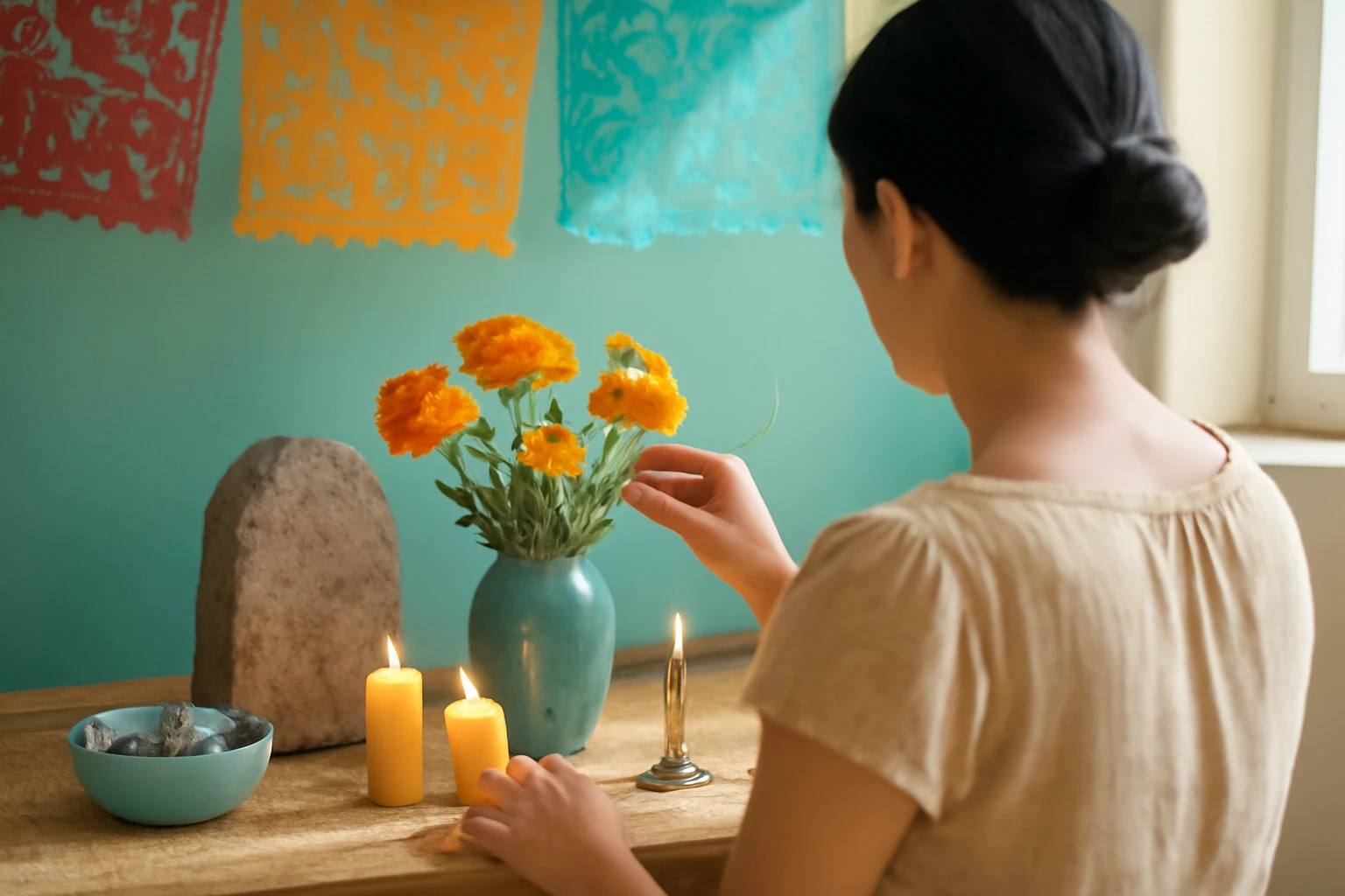 Lễ Día de Muertos: bàn thờ ofrenda, hoa vạn thọ, đầu lâu đường và chỗ gần với bàn thờ gia tiên Việt