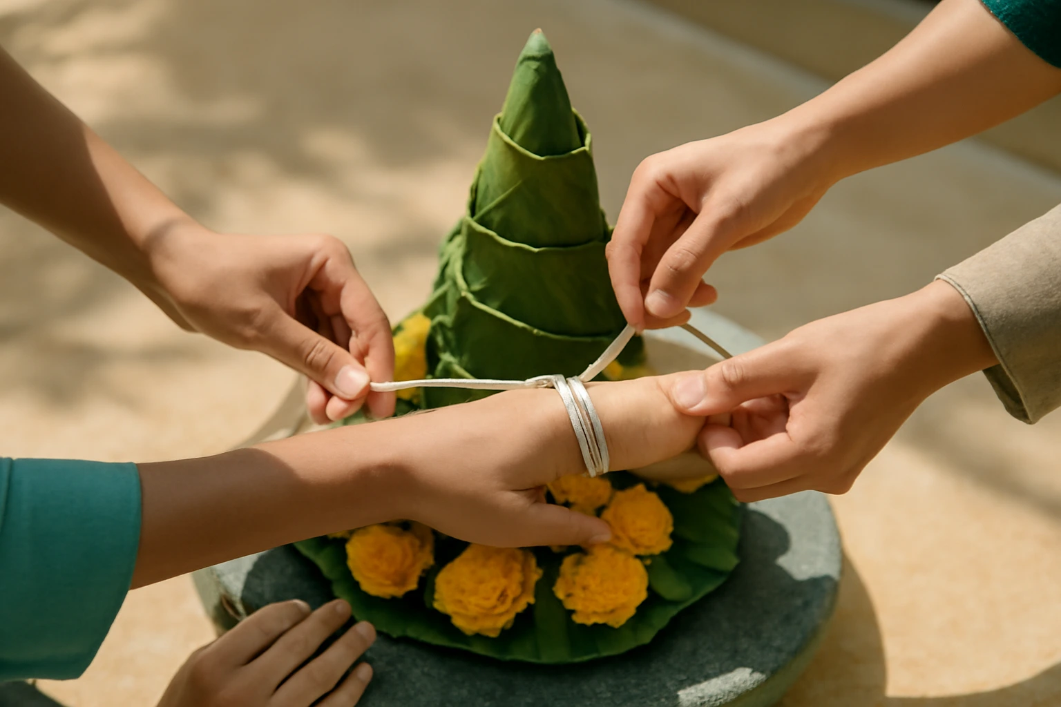 Sợi chỉ trắng buộc cổ tay trong lễ baci của người Lào: gọi vía, chúc lành và cách giữ sợi chỉ