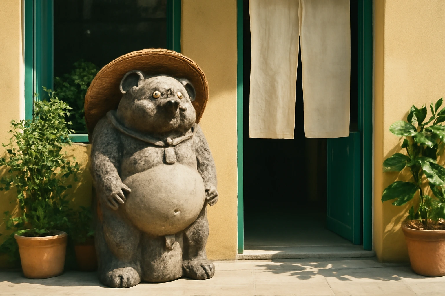 Tanuki gốm Shigaraki: chú lửng đội nón đứng trước quán Nhật, mang tám điều may và một chút tinh nghịch